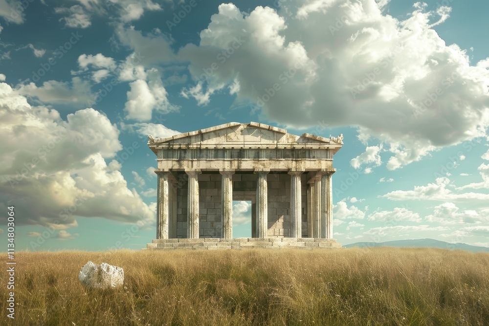 Aufkleber an ancient temple with towering columns is set in a vast expanse of golden grass. the soft clouds dr