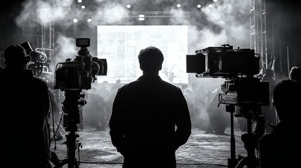 Black and white image of a film director on set, guiding actors and crew to bring a scene to life.