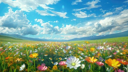 3D illustration. Beautiful fantasy landscape field full of spring with flowers field, beautiful sky, anime style color, digital art painting background