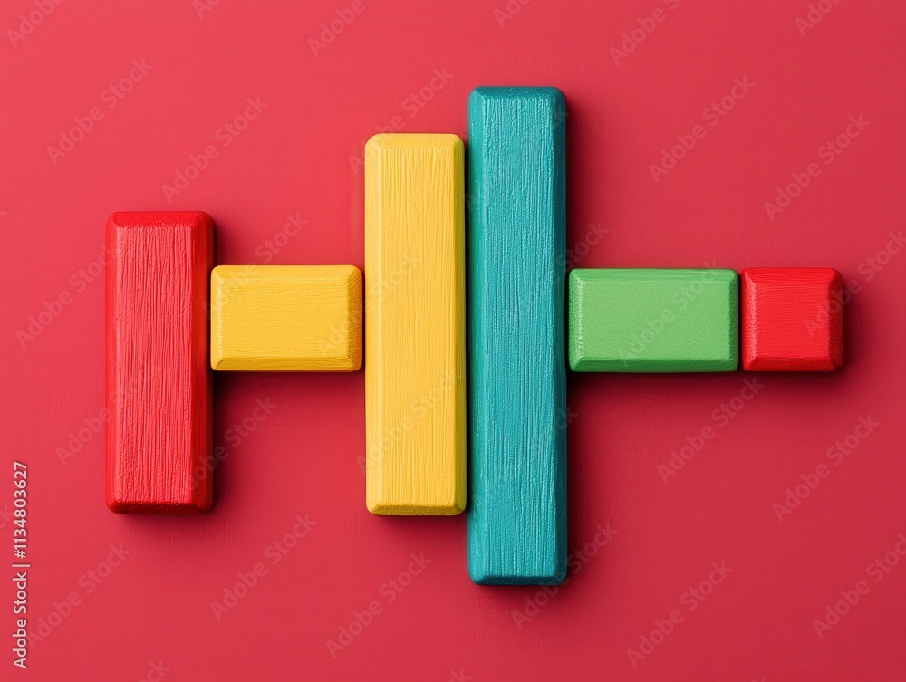 Poster a colorful arrangement of wooden blocks on a red background, showcasing various shapes and sizes in 