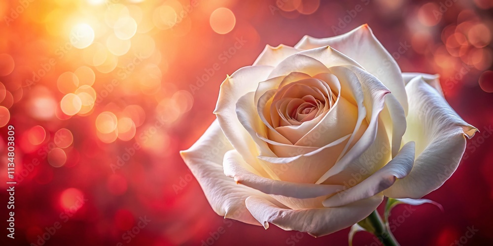 Poster captivating translucent white rose illuminated by red lighting with blurred background and ample cop