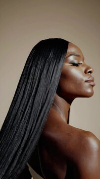 Beautiful African American model posing in studio, extra long unprocessed black, straight hair, walking towards camera 