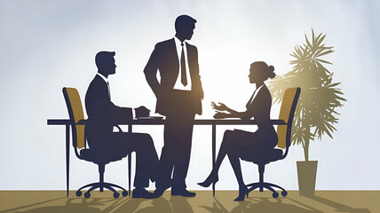 An illustration of business people in silhouette against a white background. There's a man with a suit and a woman with a dress. The man is standing and the woman is sitting. 