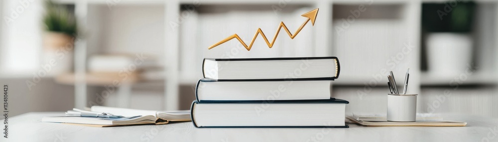 Poster a stack of books on a desk symbolizes knowledge and growth, complemented by a rising graph line, rep