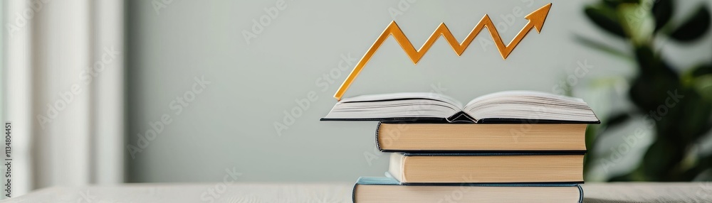 Poster a stack of books with an open book on top, featuring an upward trending graph, symbolizing growth an