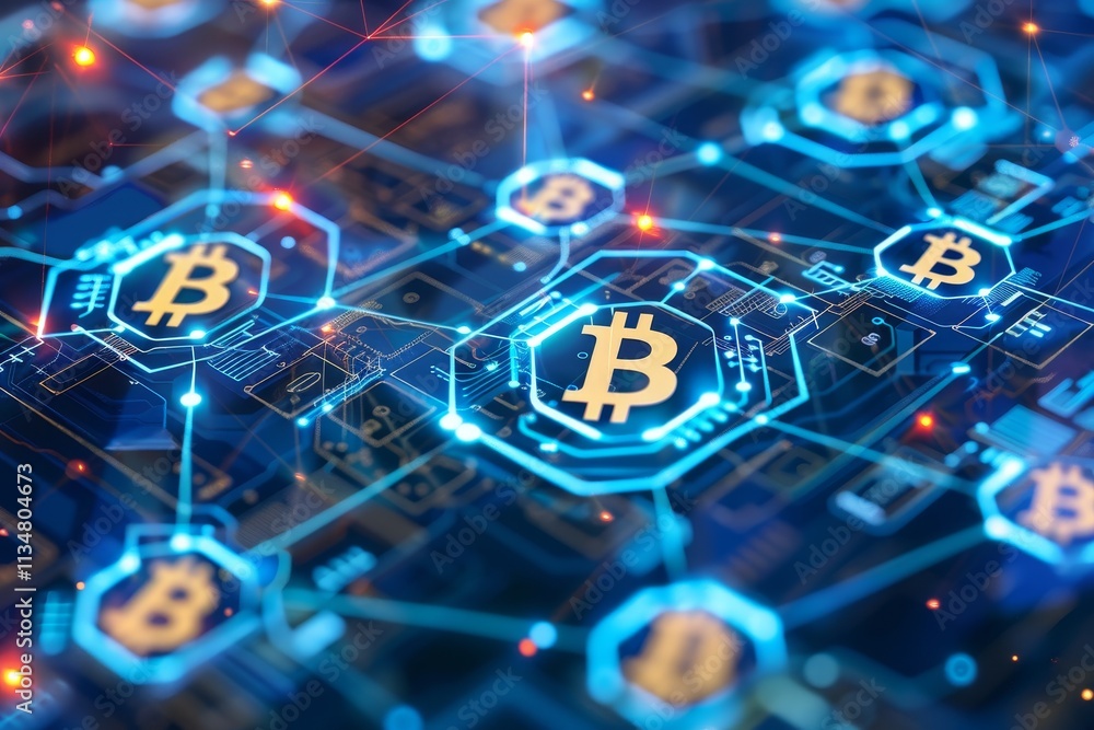 Poster a vibrant digital network showcases bitcoin symbols interconnected through glowing lines, representi