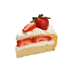 A slice of cake layered with fresh strawberries and creamy frosting, topped with a whole strawberry...