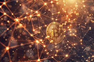 A Bitcoin coin hovers in the center of a web of illuminated connections and data points, illustrating the concept of digital currency within a complex network.