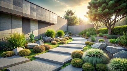 Fototapeta premium Stone steps leading up to a modern house with a lush garden designed with a variety of greenery and large rocks, all bathed in the warm glow of a setting sun