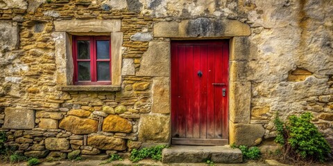 A weathered stone facade adorned with a bright red wooden door and a small window, showcasing the rustic charm of an old building.