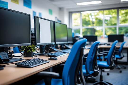 Modern computer lab with blue chairs and large window.