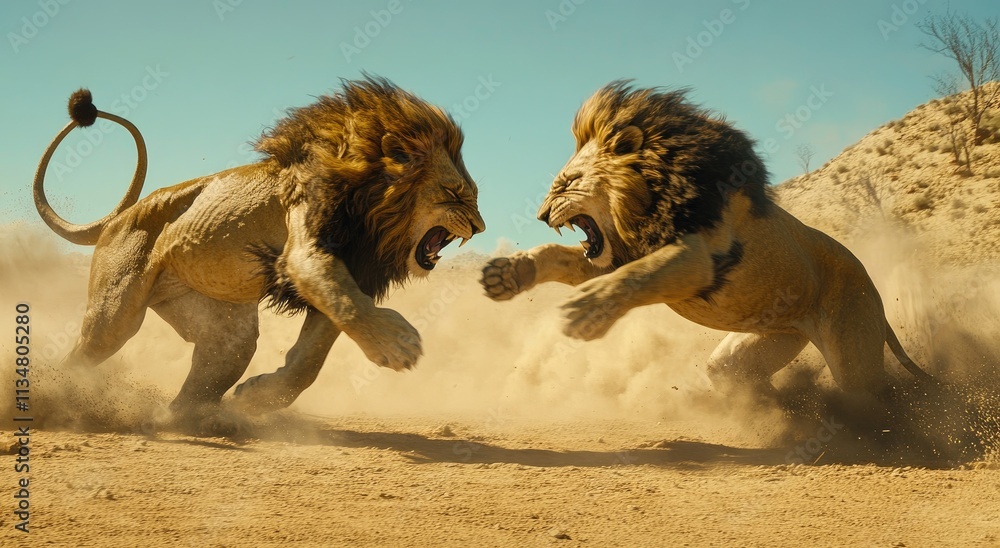 Poster Two lions fighting, an epic battle, set against a desert background