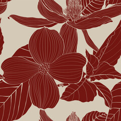 Dogwood branch with flowers, magnolia seamless pattern. Cornus florida.  Line drawing. Black background. © Iuliia