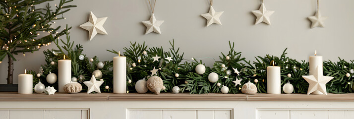 A Scandinavian-inspired Christmas wall with white star decorations, green garlands, and wooden candle holders
