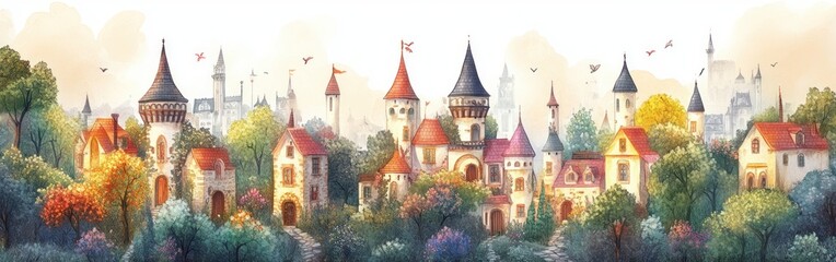 Whimsical Fairy Tale Village Watercolor Illustration Soft Pastel Colors Children Room Decor