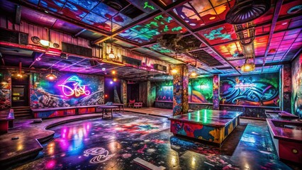 Fototapeta premium Captivating Urban Exploration Photography of an Abandoned Discotheque Showcasing Neon Lights, Graffiti, and Vintage Decor in a Decaying Nightlife Scene