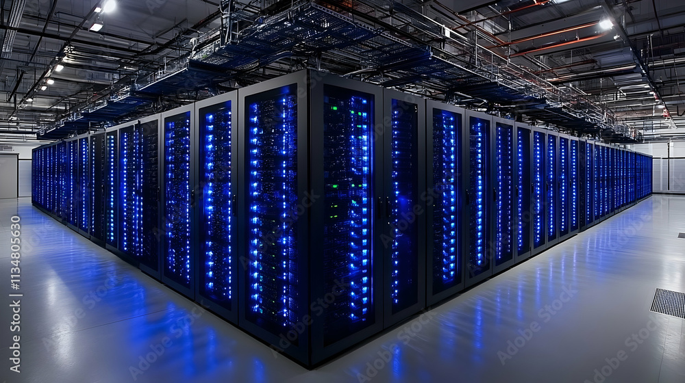 Poster modern data center with rows of powerful servers illuminated with blue light.