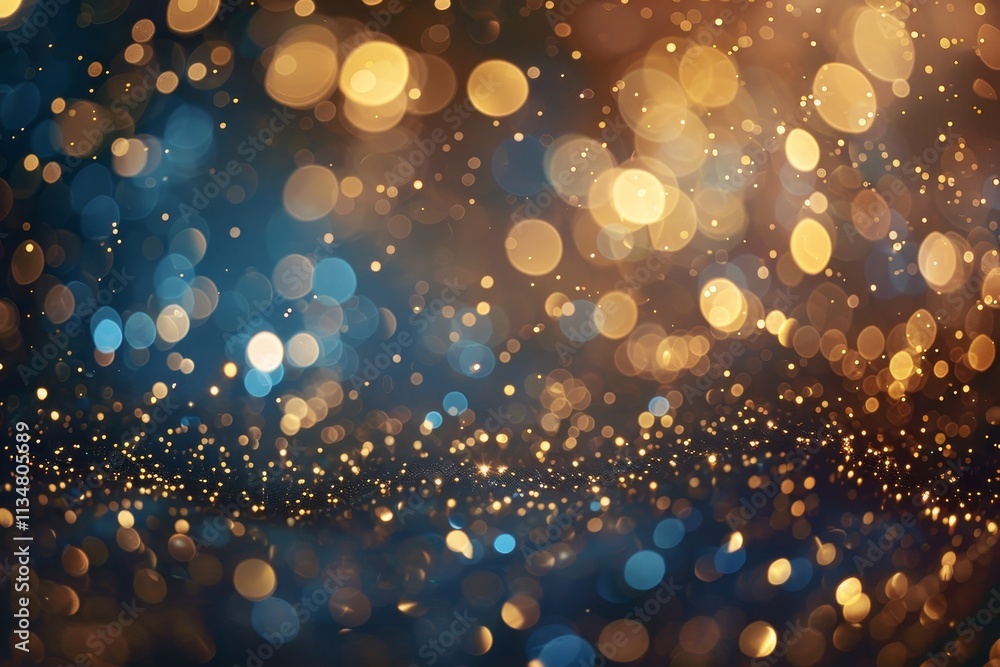 Poster dazzling golden and blue lights scatter across a dark surface, creating a mesmerizing bokeh effect t