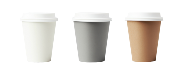 Three Disposable Coffee Cups Isolated on PNG Transparent Background