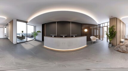 3d illustration spherical 360 vr degrees, a seamless panorama of the room and office. interior design 3D rendering.reception in a modern panoramic office