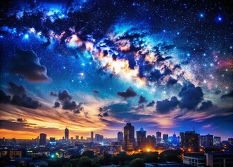 Captivating Urban Nightscape Under Dark Blue Sky Filled with Clouds and Stars – Perfect for Use as a Copy Space Background in Various Creative Projects