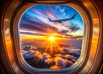 Fototapeta premium Captivating View of a Big Sun Setting Over the Horizon from an Airplane Window During a Beautiful Flight Experience at Sunset