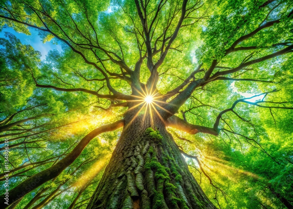 Aufkleber captivating view of a majestic tree canopy with bokeh effect, inviting you to look up and explore th