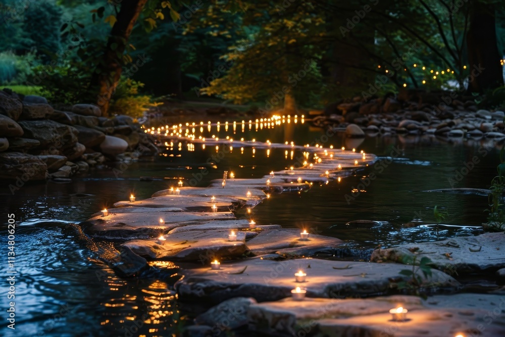 Poster softly glowing candles create a mesmerizing pathway along the river, reflecting in the water while s