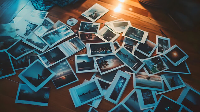 A collection of Polaroid photographs scattered on a hardwood floor, showcasing various memories with diverse scenery and lighting, brilliantly capturing moments frozen in time.
