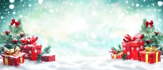 Festive Christmas Scene with Red Gifts Under Snowy Trees