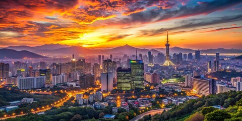 Obraz premium Captivating View of Seoul Cityscape Transitioning from Day to Night, Showcasing the Vibrant Skyline and Illuminated Landmarks of South Korea's Capital