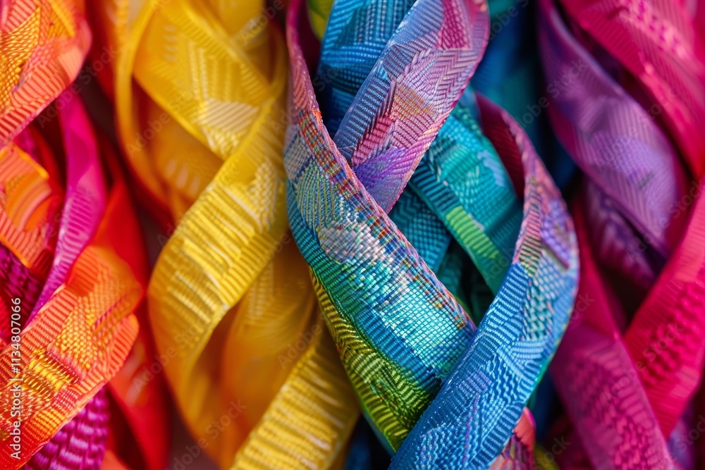 Poster a close-up view of vivid decorative ribbons in various colors beautifully twisted together, highligh
