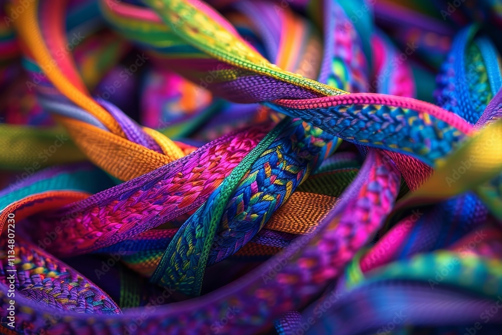 Poster brightly colored woven ribbons are intertwined, displaying a rich array of patterns and textures tha