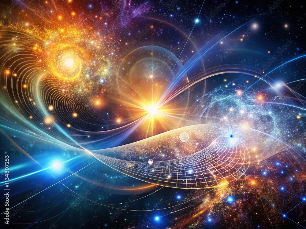 Poster captivating visual of quantum entanglement trails in a cosmic landscape with vast copy space for sci