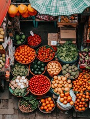 Visitors wander through a lively farmers market filled with baskets of fresh, locally sourced fruits and vegetables on a bright day. Generative AI