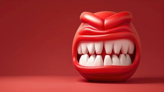 3d real emoji angry teeth face isolated on plain red studio background with text copy space