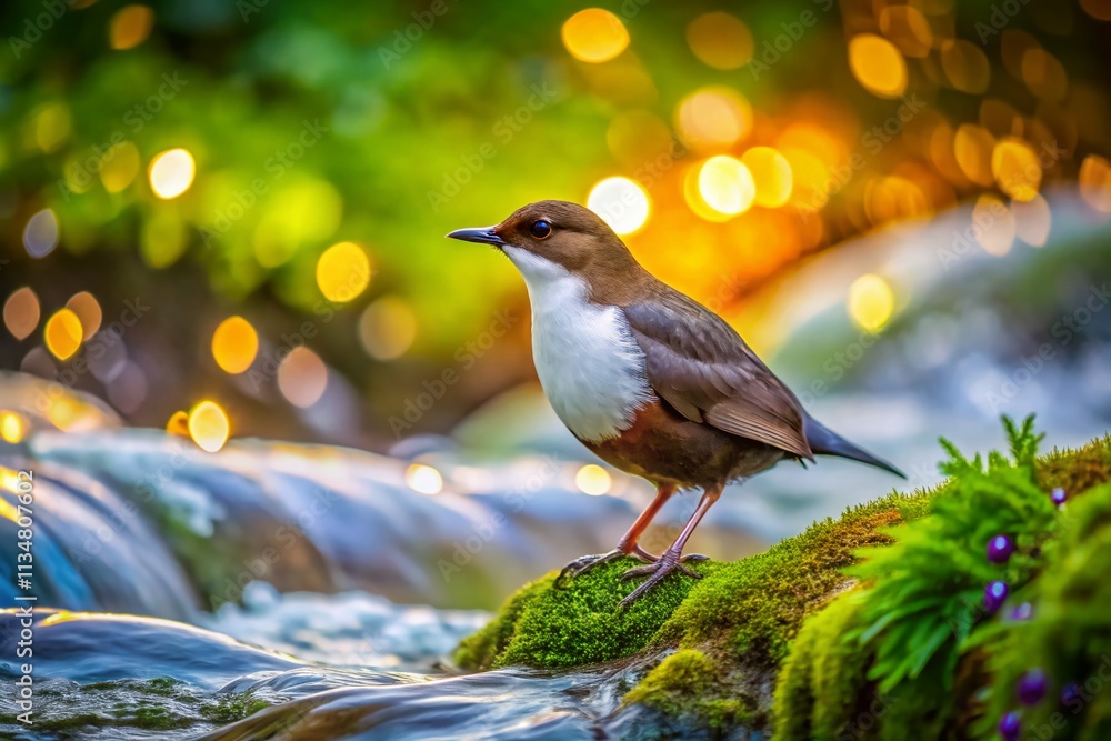 Poster captivating whitethroated dipper in nature with bokeh effect, showcasing its unique plumage and habi