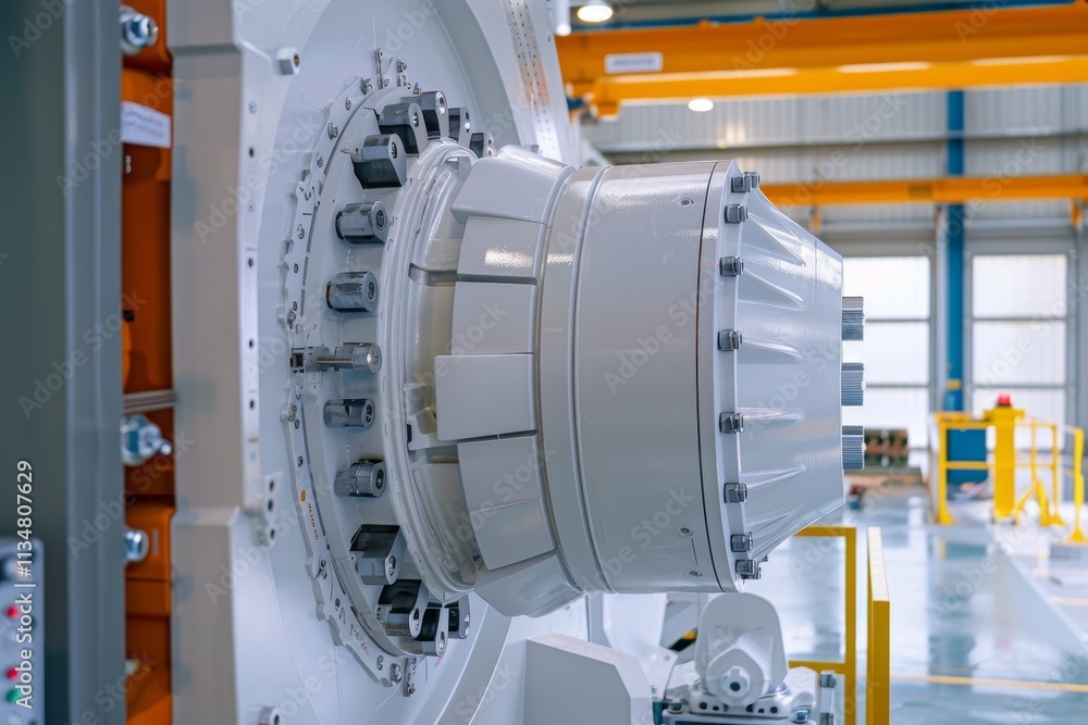 Poster a close-up view of a large machine component inside a well-lit factory. the detailed design shows pr