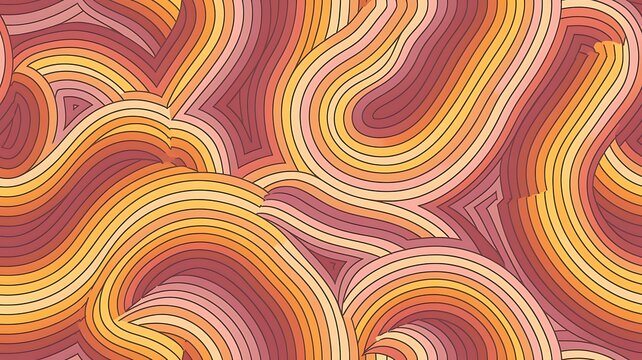 A vibrant, abstract pattern of swirling, wavy, layered lines in a warm, analogous color palette of orange, peach, mauve, and yellow, evoking a retro, groovy aesthetic.