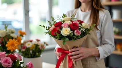 a woman in an apron with flowers in the background