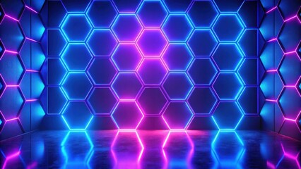 Obraz premium A futuristic and abstract background with neon lights forming a hexagonal pattern on a dark and reflective surface