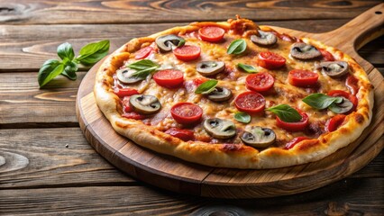 Homemade pepperoni and mushroom pizza on a wooden cutting board, pizza, homemade, pepperoni, mushroom, cheese, Italian