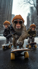 Stylish Monkeys with Attitude Skateboarding in Winter City