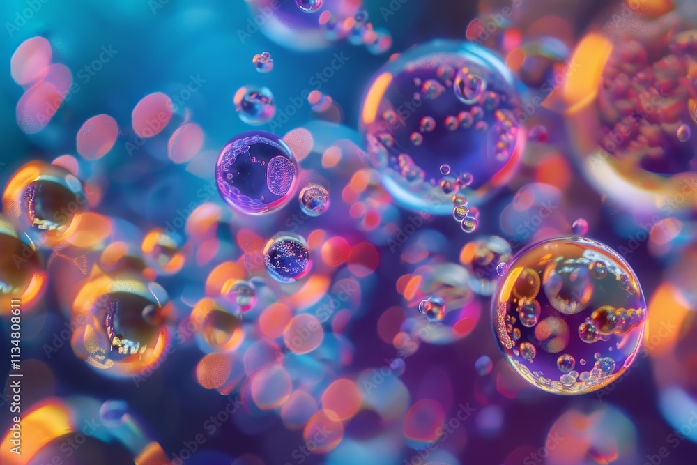 Poster bubbles and droplets float in an abstract environment, showcasing a rich blend of colors and luminou