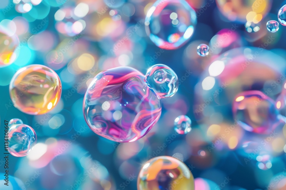 Poster small soap bubbles of various sizes hover in illuminated colors, reflecting light in a joyful displa