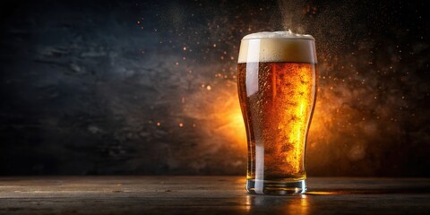 Cold beer glass with foam and bubbles, glowing amber in dark lighting, cold, beer, glass, foam, bubbles, amber
