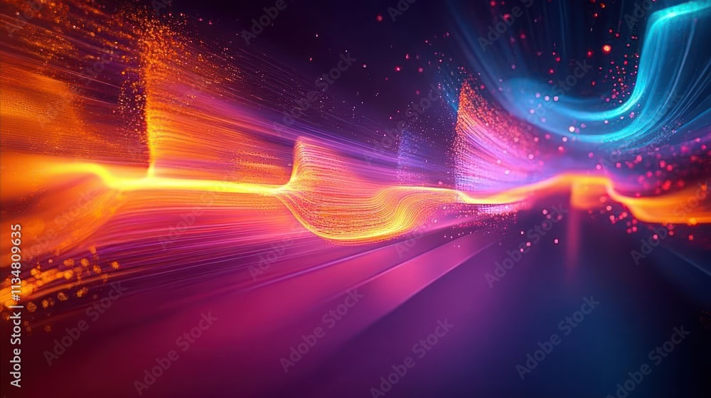 Poster dynamic digital abstract background in blue orange and pink with motion and depth for technology and