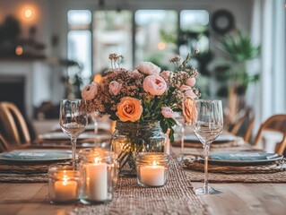 A beautifully set dining table adorned with flowers and candles for an inviting gathering.