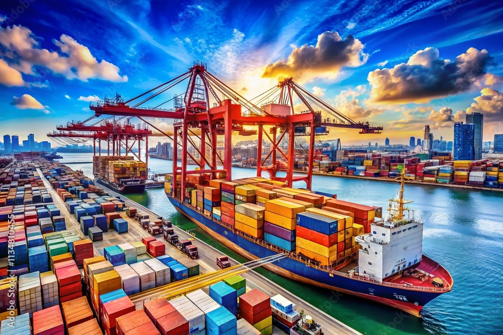 Poster cargo ship navigating through a bustling port with stacked containers and cranes under a clear blue 