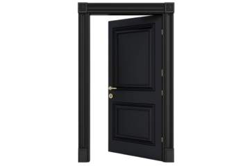 Black Door Opens into Empty Space Isolated on PNG Transparent Background